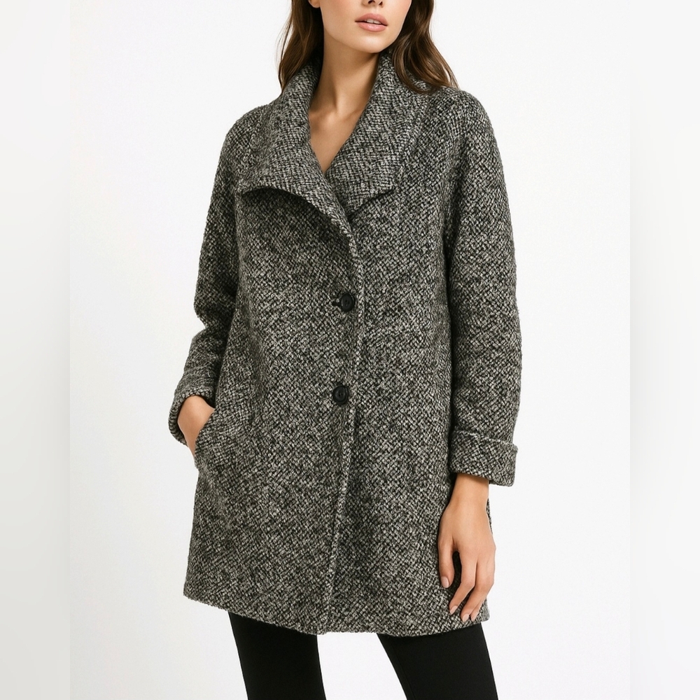 Max Mara Weekend Walking Coat Wool Black White Tweed Hidden Button Size 10